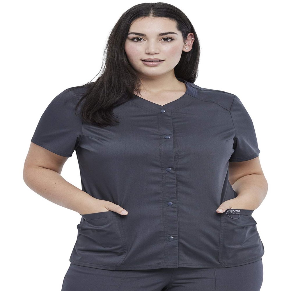 Cherokee Women's V-Neck Scrub Top with Snap Front, 4 Pockets, and 2-Way Stretch Fabric WW622, L, Pewter
