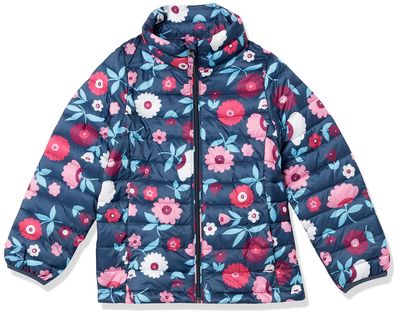 Amazon Essentials Toddler Girls' Lightweight Water-Resistant Packable Mock Puffer Jacket, Navy Floral, 4T