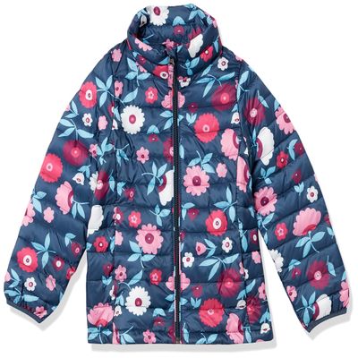 Amazon Essentials Girls' Lightweight Water-Resistant Packable Mock Puffer Jacket, Navy Floral, XX-Large