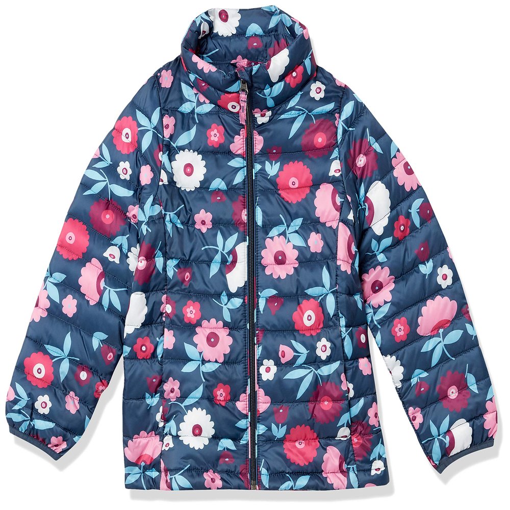 Amazon Essentials Girls' Lightweight Water-Resistant Packable Mock Puffer Jacket, Navy Floral, XX-Large