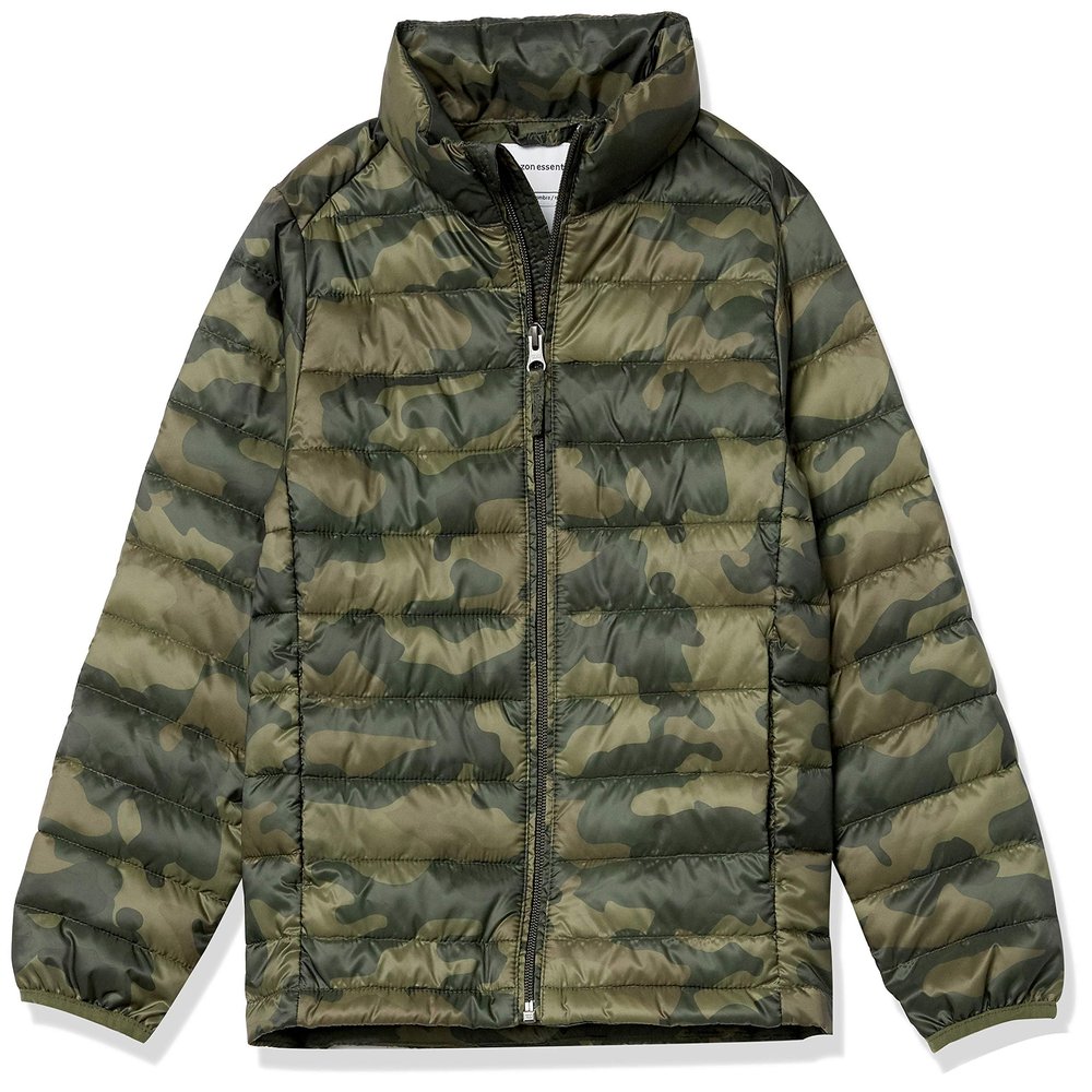 Amazon Essentials Boys' Lightweight Water-Resistant Packable Puffer Jacket, Olive Camo, XX-Large