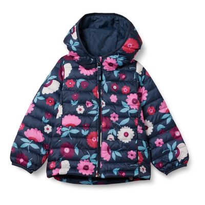 Amazon Essentials Girls' Lightweight Water-Resistant Packable Hooded Puffer Jacket, Navy Floral, Large
