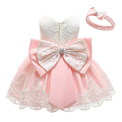 3-4Years Girls Dress Lace Princess Baptism Cocktail Party Flower Bowknot with Headwear(Pink 100)