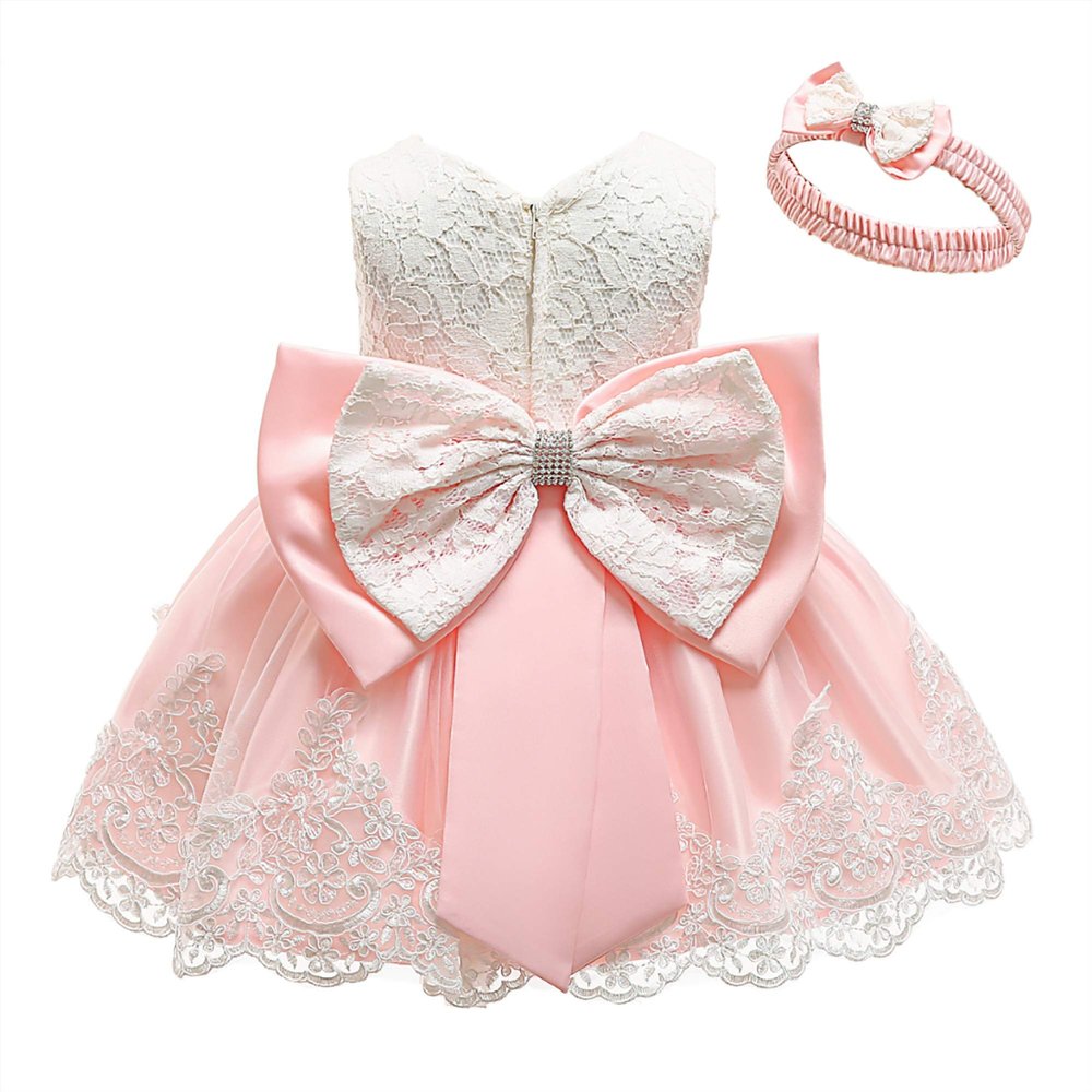 3-4Years Girls Dress Lace Princess Baptism Cocktail Party Flower Bowknot with Headwear(Pink 100)