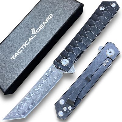 Damascus Pocket Folding Knife, Solid Tc4 Titanium Handle, 67 Multi-Layered Damascus VG10 Steel Tanto Blade (Saint DXT)