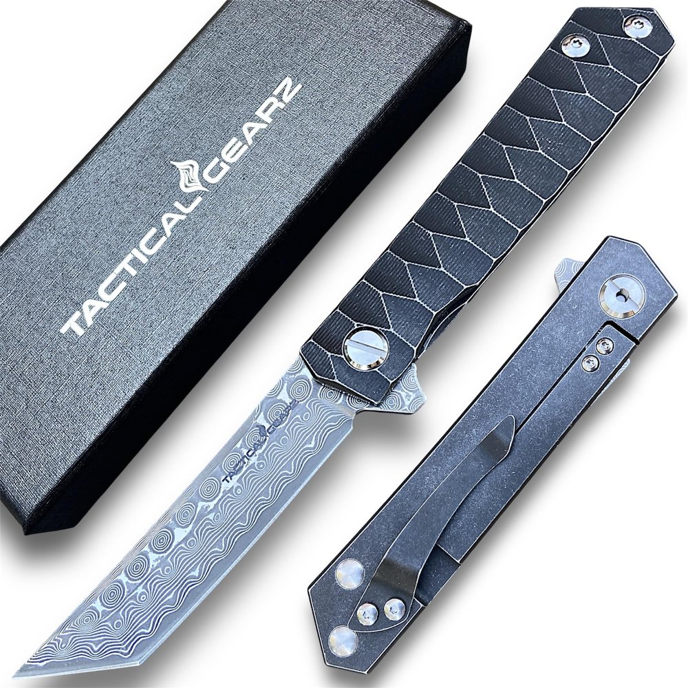 Damascus Pocket Folding Knife, Solid Tc4 Titanium Handle, 67 Multi-Layered Damascus VG10 Steel Tanto Blade (Saint DXT)