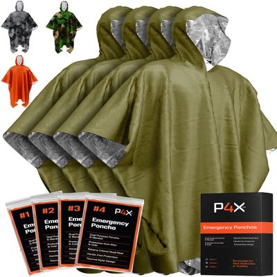 PREPARED4X Emergency Poncho with Mylar Blanket Liner  Heavy Duty, Waterproof, Wind-Resistant Green Rain Poncho for Outdoors, Camping, and Car Emergency Kits - Thermal Poncho - 4 Pack (Green)