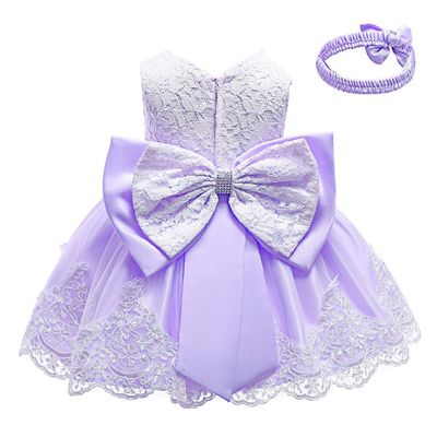 5-6Years Girls' Purple Lace Princess Wedding Baptism Dress Formal Party Wear for Toddler Baby Girl with Headwear(Light Purple 120)