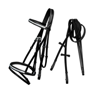 ExionPro Exion English Jumping Bridle with Flash Anatomical Padded Crownpiece & SS Clincher Studded Browband Premium Leather Horse Bridle with Contrast Stitching & Rubber Reins