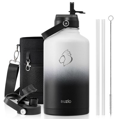 BUZIO 64oz Insulated Water Bottle with Straw Lid and Flex Cap, Stainless Steel Powder-Coat Water Flask, Keep Beverage Cold for 48 Hrs Hot for 24 Hrs Simple Thermo Canteen Mug, White and Black