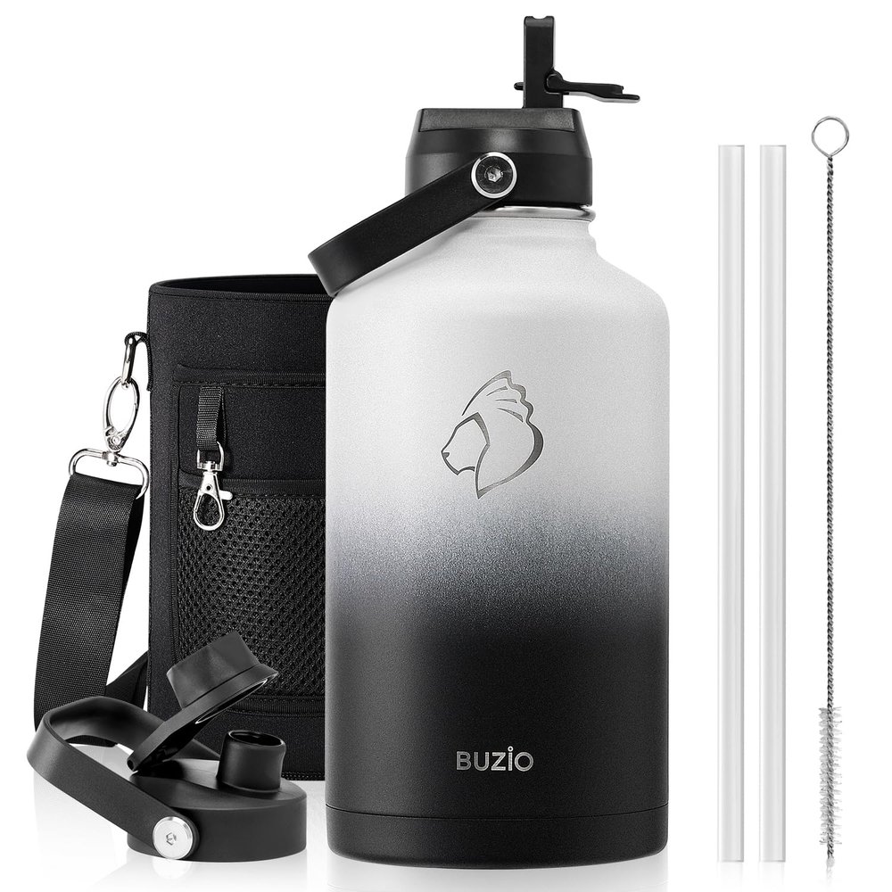 BUZIO 64oz Insulated Water Bottle with Straw Lid and Flex Cap, Stainless Steel Powder-Coat Water Flask, Keep Beverage Cold for 48 Hrs Hot for 24 Hrs Simple Thermo Canteen Mug, White and Black