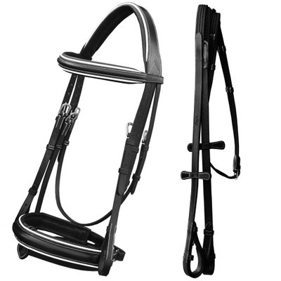 Exion Dressage Bridle for Horse with White Piping  Premium Padded Leather English Bridle with Detachable Flash & Web Reins  Black, Brown  Cob, Full, Pony, Warmblood
