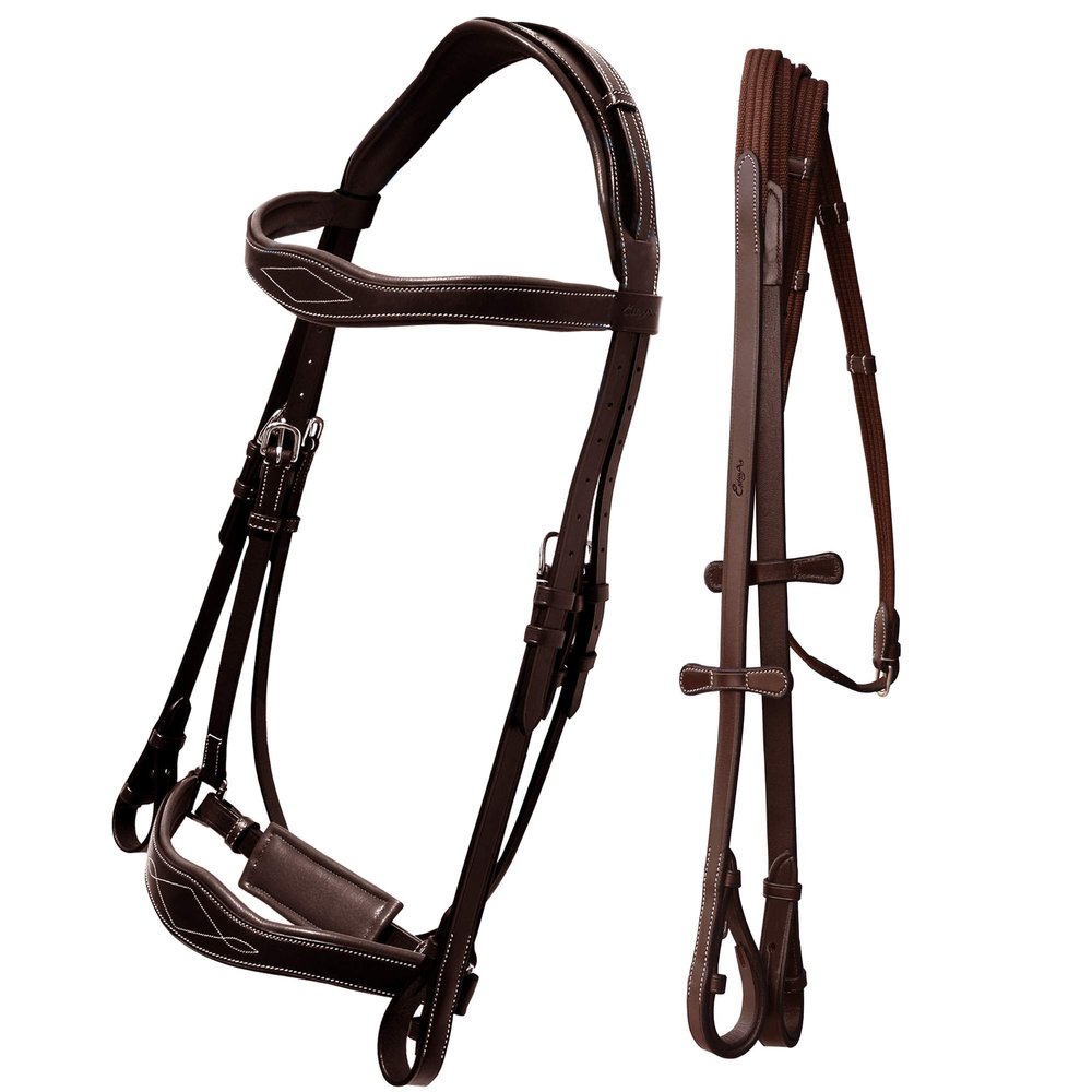 Exion Dressage Bridle with Anatomic Mono Crownpiece, Crank Noseband, Browband and Hand Stopper Reins for Horses