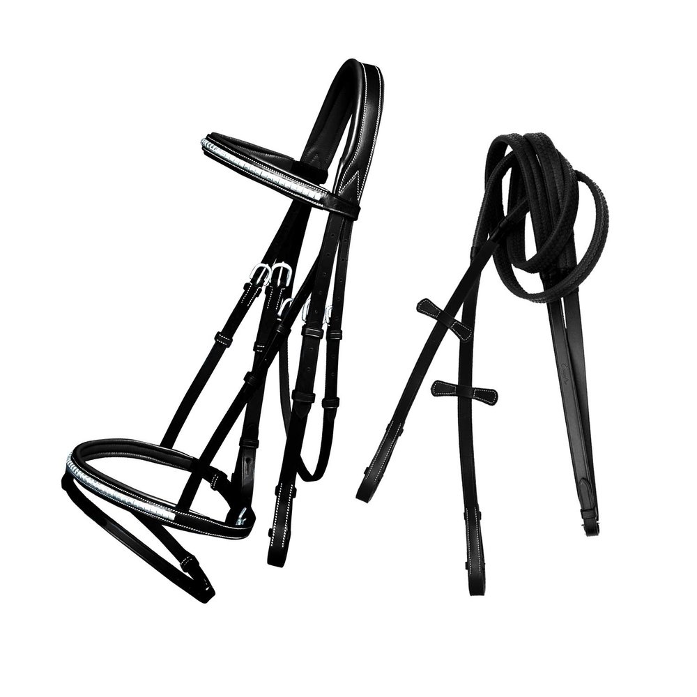 ExionPro Exion English Jumping Bridle with Flash Anatomical Padded Crownpiece & SS Clincher Studded Browband Premium Leather Horse Bridle with Contrast Stitching & Rubber Reins