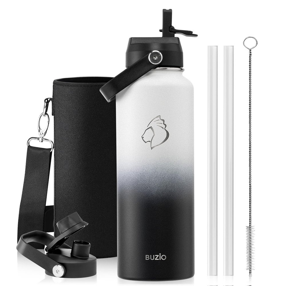 BUZIO Insulated Water Bottle with Straw Lid and Flex Cap, 40oz Modern Double Vacuum Stainless Steel Water Flask, Cold for 48 Hrs Hot for 24 Hrs Simple Thermo Canteen Mug, White and Black