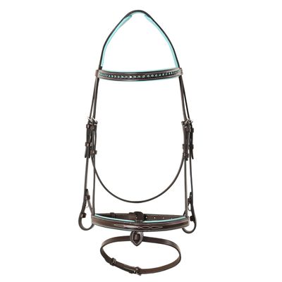 Exion Bling Horse Bridle with Blue Crystal Browband & Designer Flash Noseband | Broad Anatomical Crown with Baby Blue Padding | English Jumping Bridle with Rubber Reins