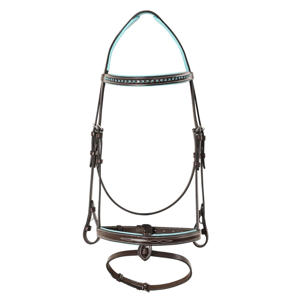 Exion Bling Horse Bridle with Blue Crystal Browband & Designer Flash Noseband | Broad Anatomical Crown with Baby Blue Padding | English Jumping Bridle with Rubber Reins