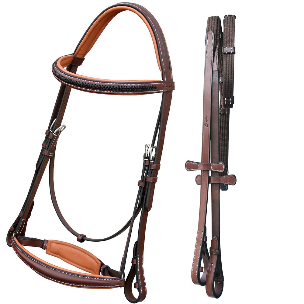 Exion Dressage Bridle for Horse Padded AntiPressure Crownpiece, Crank Noseband, Braided Browband & Web Reins Premium Leather Dressage Bridle for Show, Training