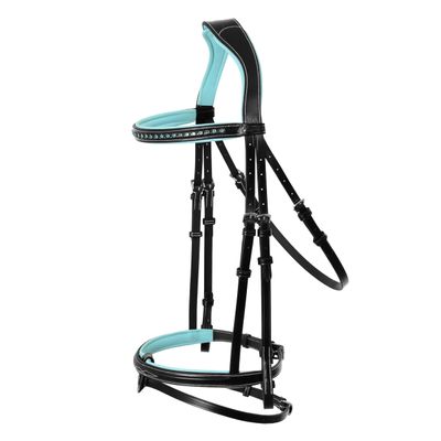 Exion Bling Horse Bridle with Blue Crystal Browband & Designer Flash Noseband | Broad Anatomical Crown with Baby Blue Padding | English Jumping Bridle with Rubber Reins