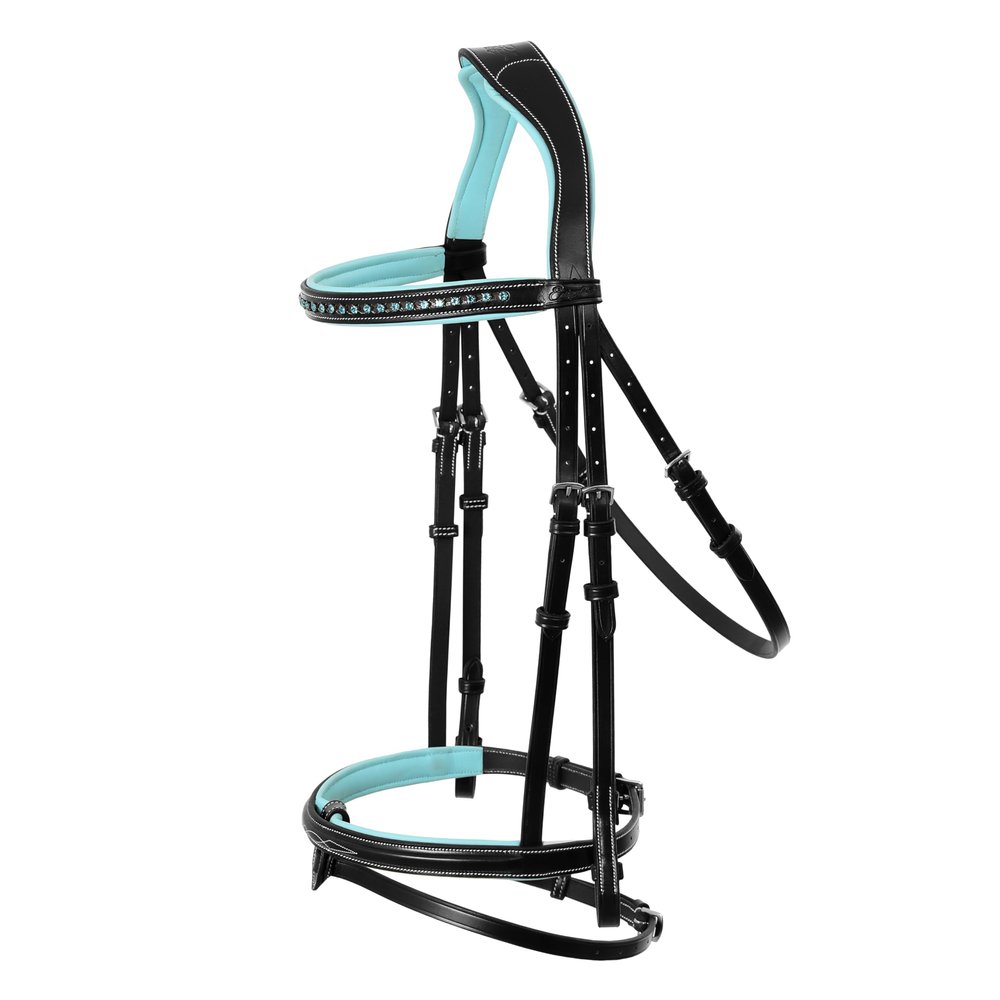 Exion Bling Horse Bridle with Blue Crystal Browband & Designer Flash Noseband | Broad Anatomical Crown with Baby Blue Padding | English Jumping Bridle with Rubber Reins