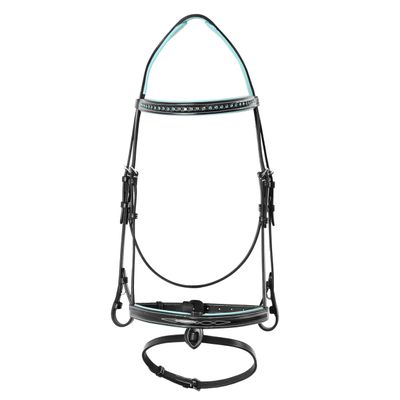 Exion Bling Horse Bridle with Blue Crystal Browband & Designer Flash Noseband | Broad Anatomical Crown with Baby Blue Padding | English Jumping Bridle with Rubber Reins