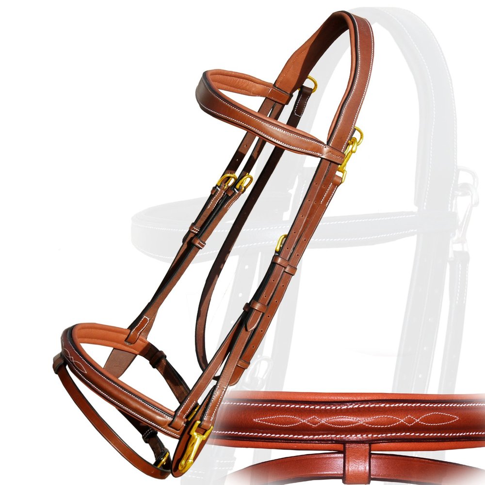 Exion Quick Change Snap English Bridle with Brass Hardware Soft Lined Anatomical Horse Bridle with Rubber Reins Snap-On Crown & Cheekpiece Gold Tone Buckles Padded Jumping Tack Set