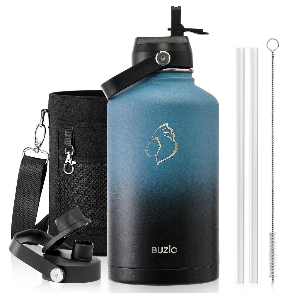 BUZIO Insulated Water Bottle with Straw Lid and Flex Cap, 64oz Double Wall Vacuum Stainless Steel Water Thermo Wide Mouth Lid, Cold for 48 Hrs Or Hot for 24 Hrs Sweat Proof Flask, Indigo Crush