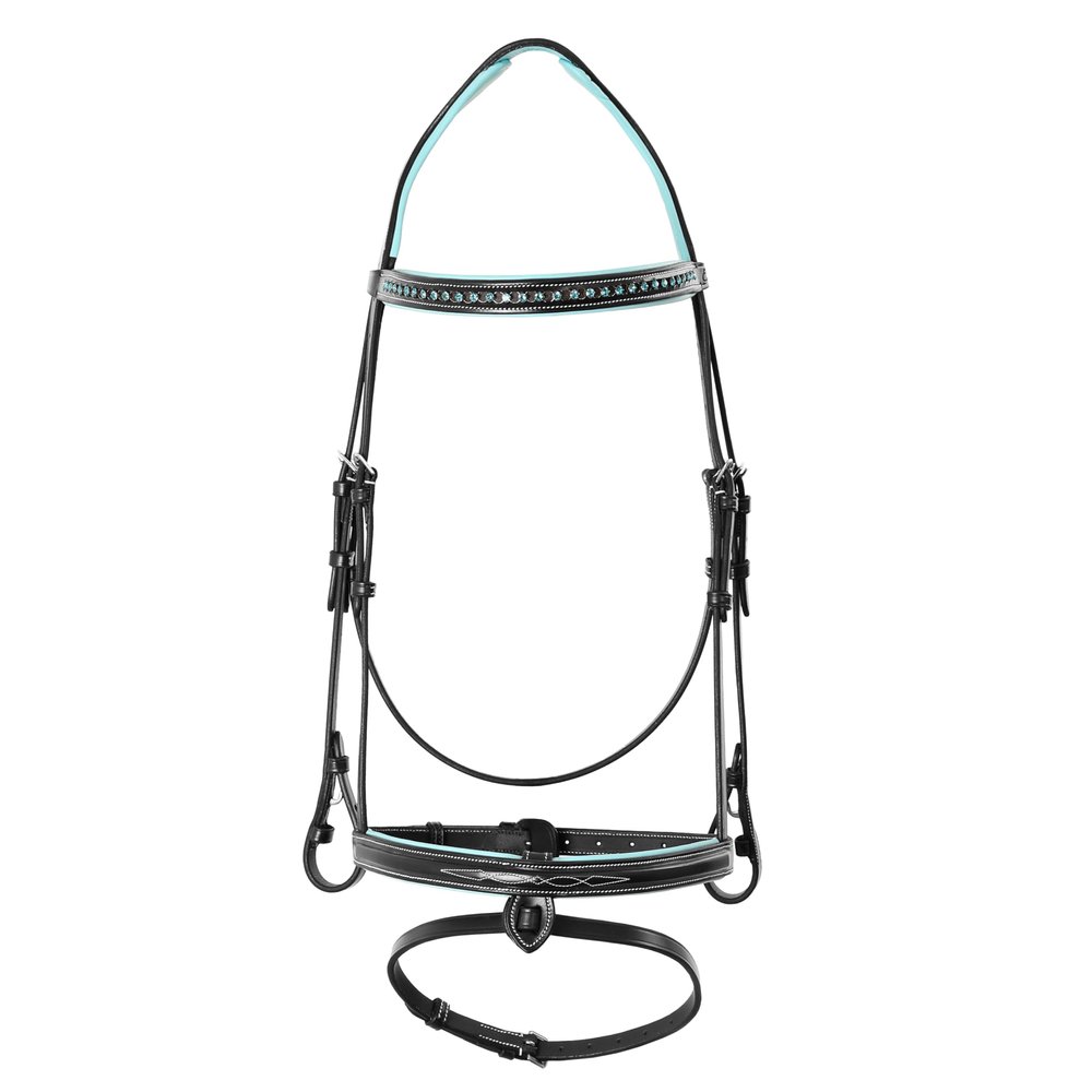 Exion Bling Horse Bridle with Blue Crystal Browband & Designer Flash Noseband | Broad Anatomical Crown with Baby Blue Padding | English Jumping Bridle with Rubber Reins