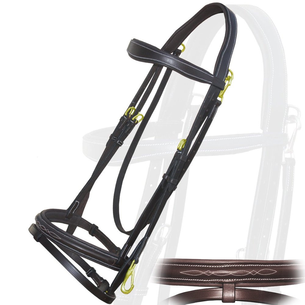 Exion Quick Change Snap English Bridle with Brass Hardware  Soft Lined Anatomical Horse Bridle with Rubber Reins  Snap-On Crown & Cheekpiece  Gold Tone Buckles  Padded Jumping Tack Set
