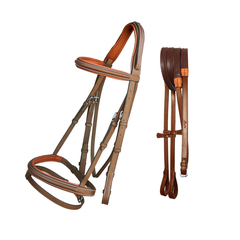 ExionPro Exion English Jumping Hunter Bridle with Removable Flash Noseband & Rubber Reins | Soft Padded Raised Snaffle Browband & Noseband | Anatomical Anti-Pressure Headpiece | Leather Horse Bridle