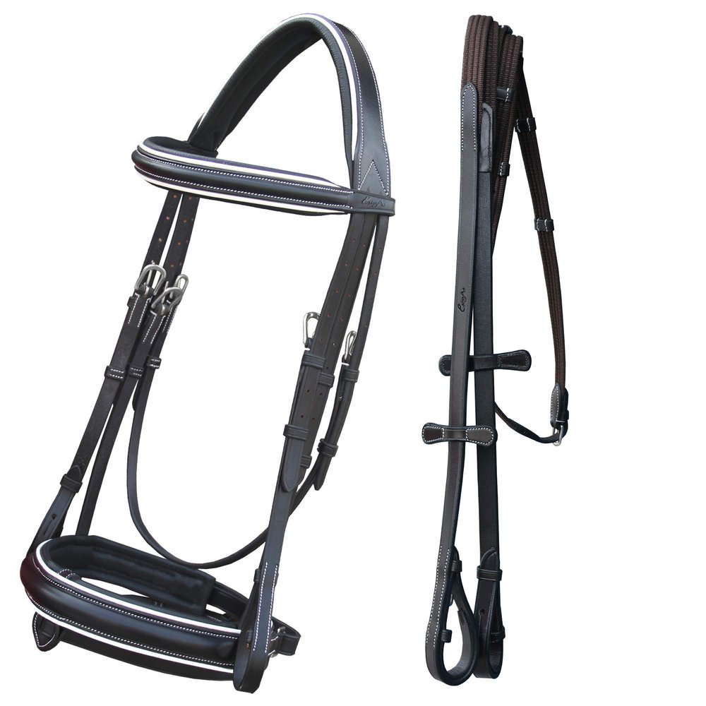 Exion Dressage Bridle for Horse with White Piping  Premium Padded Leather English Bridle with Detachable Flash & Web Reins  Black, Brown  Cob, Full, Pony, Warmblood