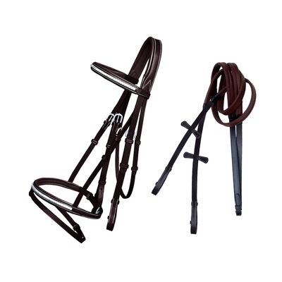 ExionPro Exion English Jumping Bridle with Flash  Anatomical Padded Crownpiece & SS Clincher Studded Browband  Premium Leather Horse Bridle with Contrast Stitching & Rubber Reins