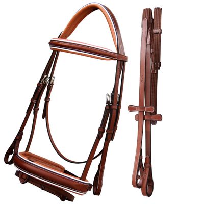 Exion Dressage Bridle for Horse with White Piping  Premium Padded Leather English Bridle with Detachable Flash & Web Reins  Black, Brown  Cob, Full, Pony, Warmblood
