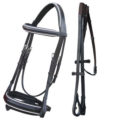 Exion Dressage Bridle for Horse with White Piping  Premium Padded Leather English Bridle with Detachable Flash & Web Reins  Black, Brown  Cob, Full, Pony, Warmblood