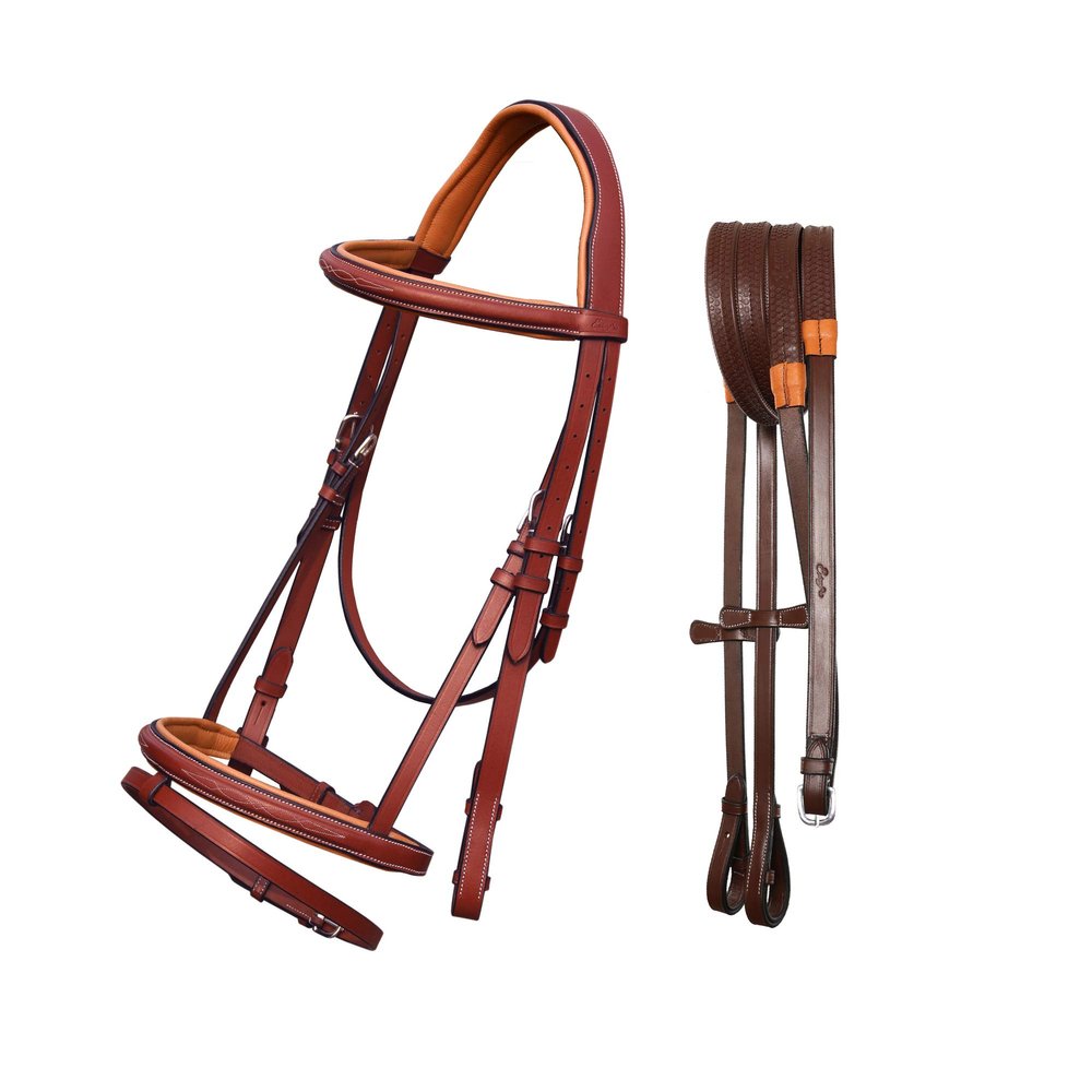 ExionPro Exion English Jumping Bridle with Flash & Rubber Reins  Anatomical Padded Horse Bridle  Premium Leather Designer Stitched Hunter Jumper Tack  SS Buckles  Pony, Cob, Full, Warmblood