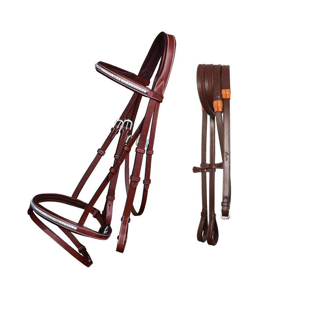 ExionPro Exion English Jumping Bridle with Flash Anatomical Padded Crownpiece & SS Clincher Studded Browband Premium Leather Horse Bridle with Contrast Stitching & Rubber Reins