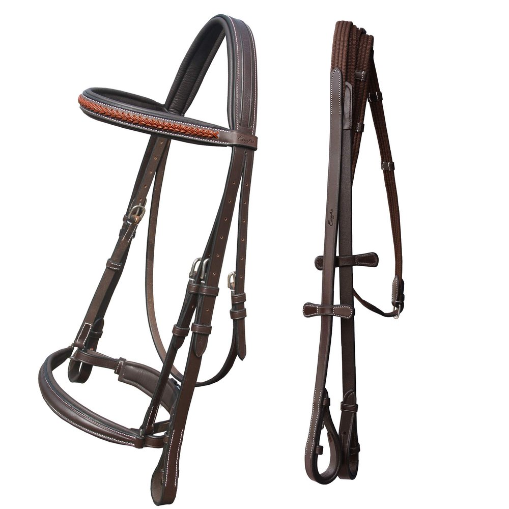 Exion Dressage Bridle for Horse Padded AntiPressure Crownpiece, Crank Noseband, Braided Browband & Web Reins Premium Leather Dressage Bridle for Show, Training