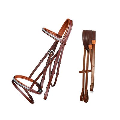 ExionPro Exion English Jumping Bridle with Flash Anatomical Padded Crownpiece & SS Clincher Studded Browband Premium Leather Horse Bridle with Contrast Stitching & Rubber Reins