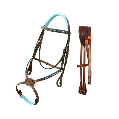 Exion Blue Bling Browband and Figure 8 Noseband Horse Bridle with Blue Soft Lined Crown Piece and Rubber Reins | Royal Figure Eight Blue English Bridle.