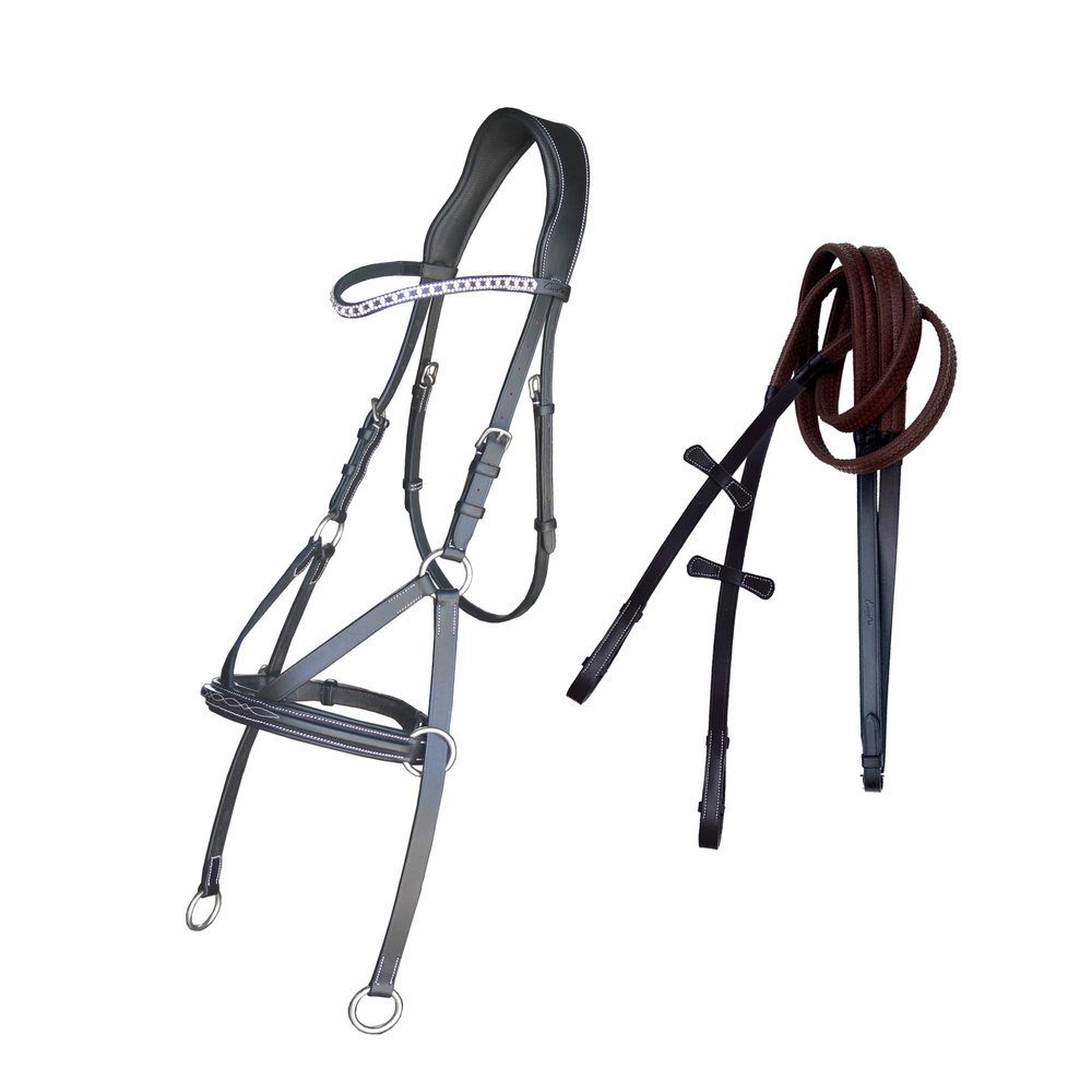 Exion Fancy Square Raised Bitless Leather Bridle with Crystal Diamond Brow Band and Stainless Steel Buckles | Equestrian Show Jumping Padded Bridle| English Horse Riding Premium Tack