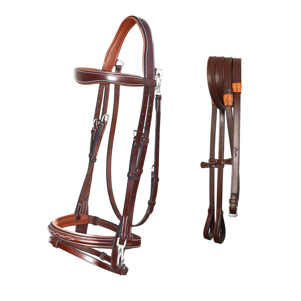 Exion Quick Change Snap English Bridle  Anatomical Poll Relief Jumping Bridle with Rubber Reins  Stainless Steel Fittings  Padded Wave Browband  Pony, Cob, Full, Extra Full