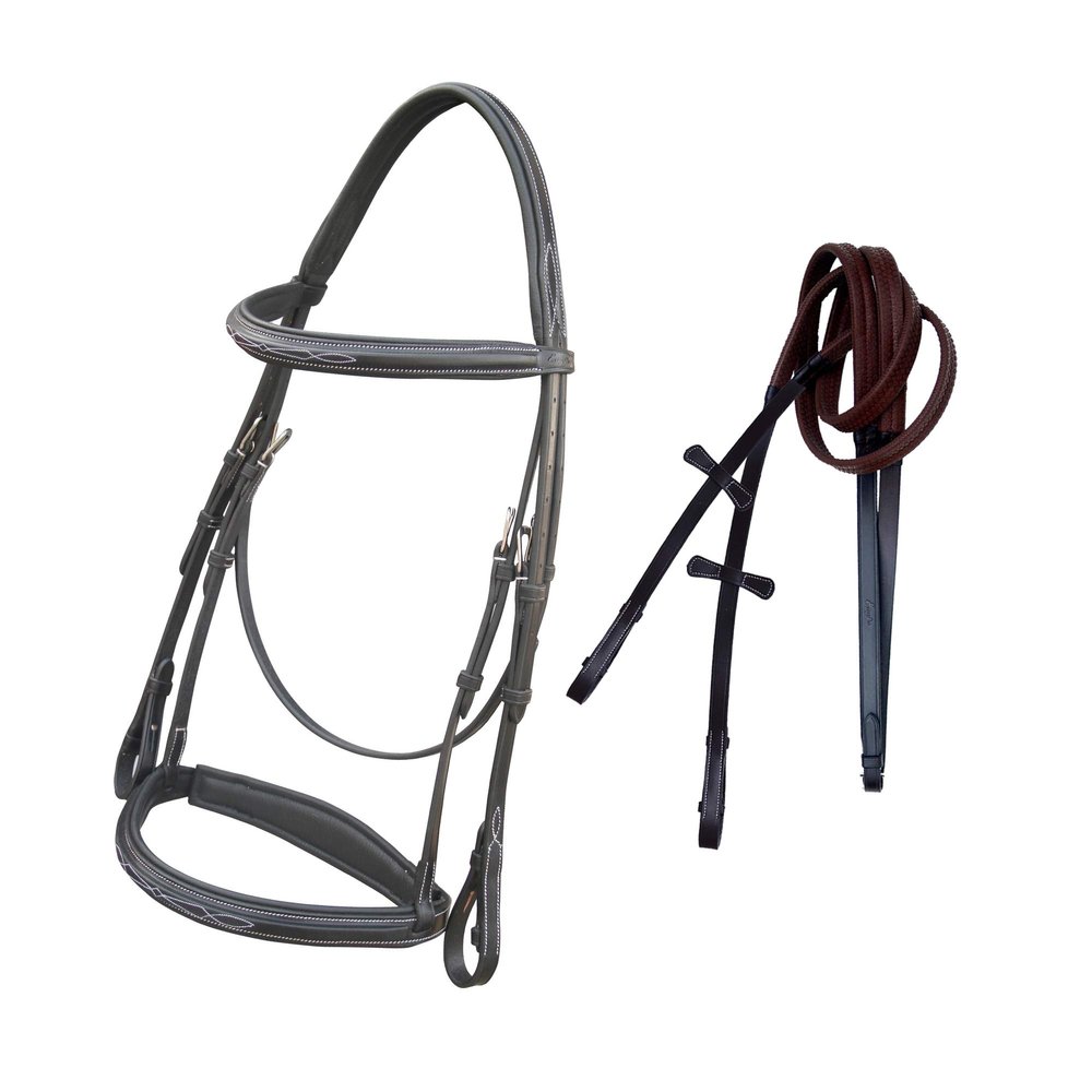 Exion Comfort Lined Crown Piece Designer Fancy Stitched Square Raised Browband and Both Side Adjustable Buckle Noseband Jumping Bridle with Rubber Reins | Royal Hunter Bridle |Horse English Bridle