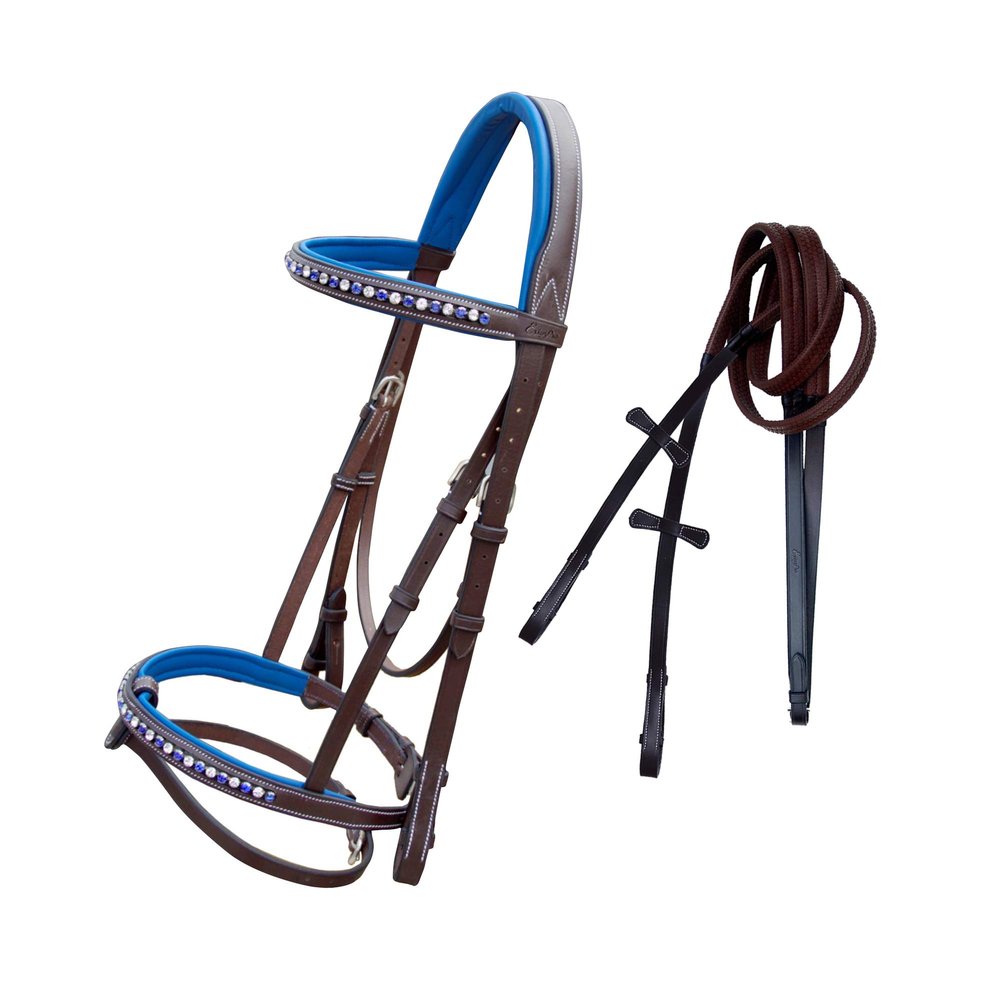 Exion Bling Bridle for Horses White & Dark Blue Bling Crystals Browband & Snaffle Noseband with Dark Blue Calf Padding & Rubber Reins | English Jumping Bling Bridle for Horses
