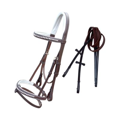 Exion White Shine Blings & Browband & Snaffle Bling Noseband & White Soft Lined Padded Bridle & Rubber Reins. | Browbands with Bling | Bling Browbands | English Tack for Horses