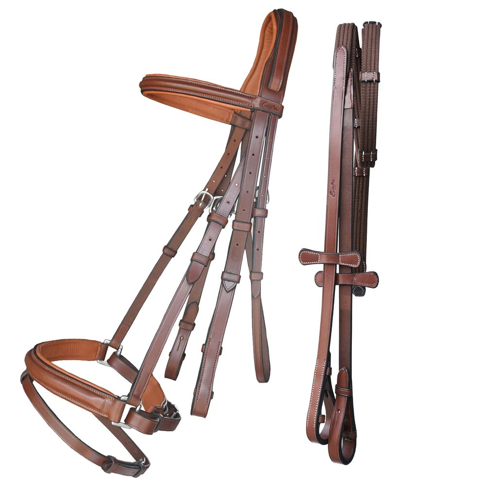 Exion Anti Pressure Cutback Crown Piece Soft Lined Browband and Crank Noseband Dressage Leather Bridle and Hand Stopper Leather Reins | Royal Dressage Bridle for Horses