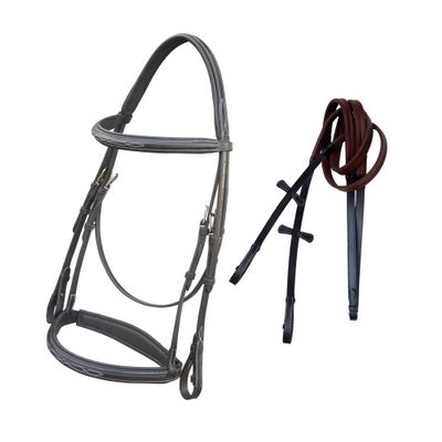 Exion English Hunter Bridle with Designer Stitched Browband & Hunter Noseband  Anatomical Mono Crownpiece, Padded Noseband, Rubber Reins  Horse, Cob, Pony, Oversize  Black, Havana, Oak Brown