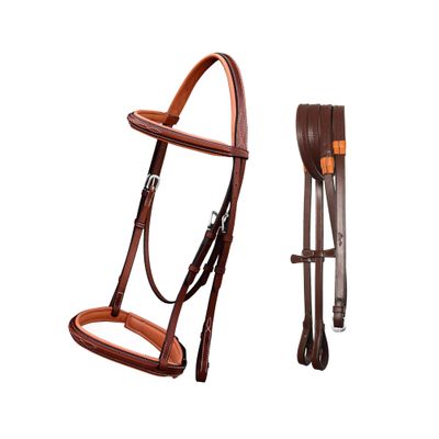 Exion English Hunter Bridle with Designer Stitched Browband & Hunter Noseband  Anatomical Mono Crownpiece, Padded Noseband, Rubber Reins  Horse, Cob, Pony, Oversize  Black, Havana, Oak Brown