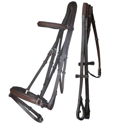 Exion Dressage Bridle with Anti-Pressure Crownpiece | Anatomical Padded Crank Noseband with Flash, Soft Browband & Web Reins with Hand Stoppers | Premium Leather Horse Bridle for Comfort & Control
