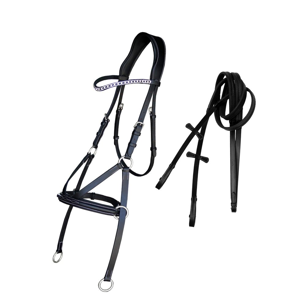 Exion Fancy Square Raised Bitless Leather Bridle with Crystal Diamond Brow Band and Stainless Steel Buckles | Equestrian Show Jumping Padded Bridle| English Horse Riding Premium Tack