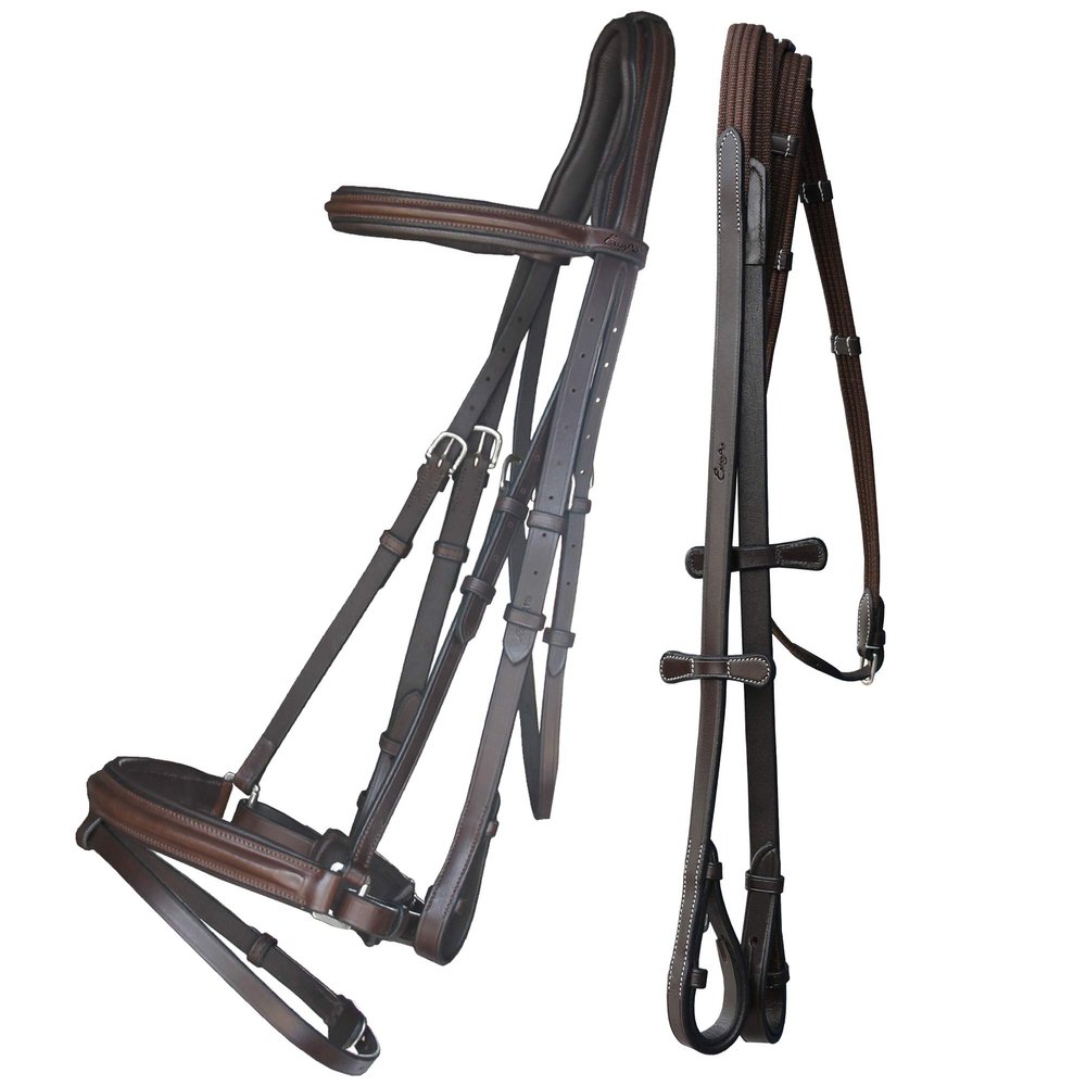 Exion Anti Pressure Cutback Crown Piece Soft Lined Browband and Crank Noseband Dressage Leather Bridle and Hand Stopper Leather Reins | Royal Dressage Bridle for Horses
